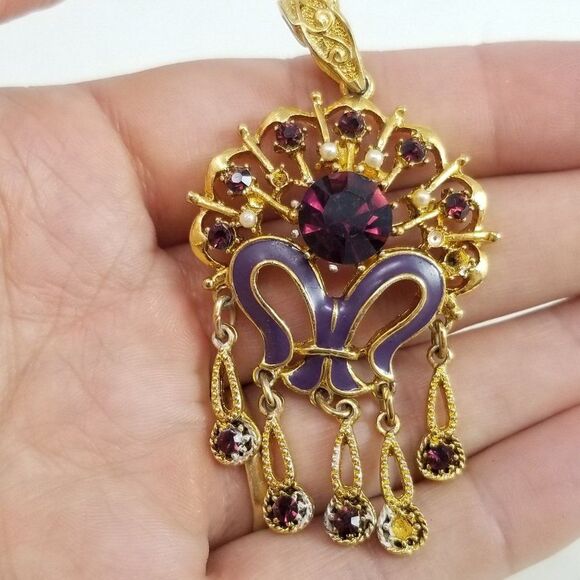 Vintage Purple Rhinestone Enamel Pendant, Gold Tone Setting Unique Design Estate - Picture 2 of 7